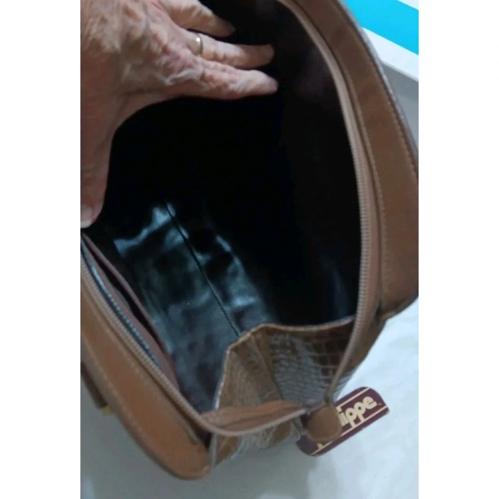 Vtg Anne Klein by Calderon Leather Hand Bag Brown Croc Embossed 1987 PHILLIPE